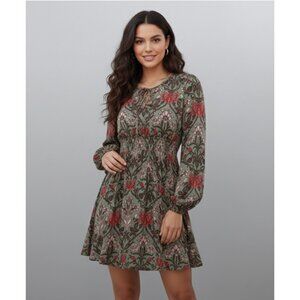 Boho Floral Print Tie Neck Lantern Sleeve Dress